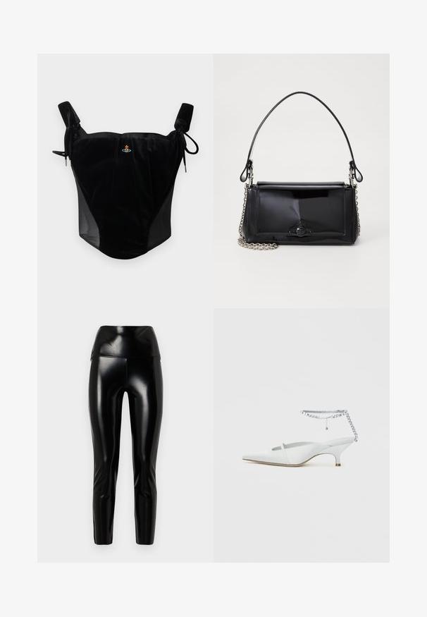 Top de corselet de veludo preto com alças ajustáveis e um pequeno emblema bordado central em fundo liso.; Leggings pretos em pele sintética com cintura alta, textura suave, pernas ajustadas e acabamento brilhante. Sem costuras visíveis ou adornos.; Mule branco de salto agulha baixo com biqueira pontiaguda e detalhe de tira para o tornozelo com strass, sobre um fundo liso.; Bolsa de mão em verniz preto com formato retangular, alça de corrente e um detalhe de hardware distinto no centro. Textura suave.