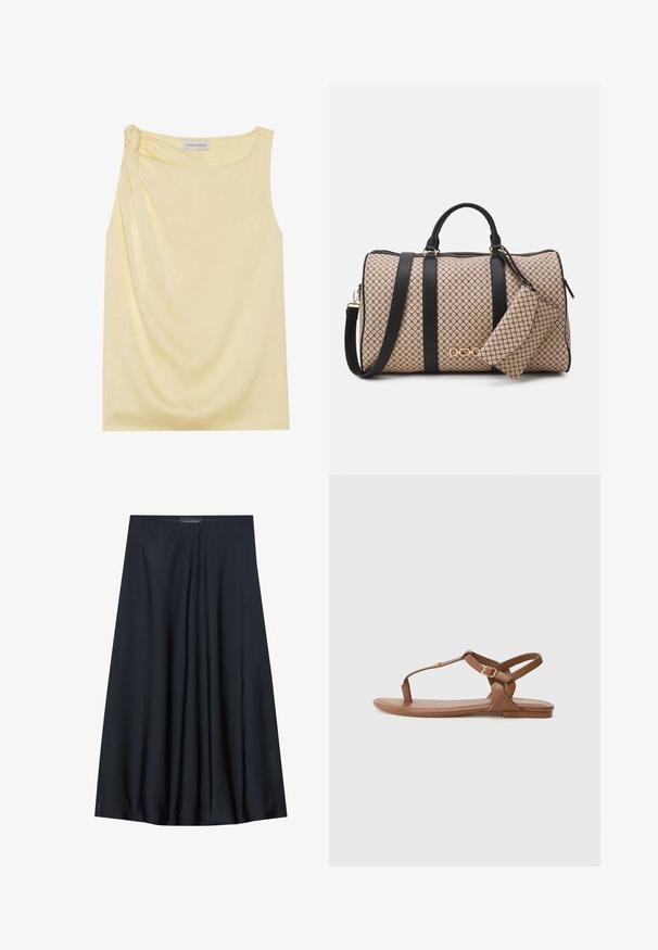 Top amarelo sem mangas com um acabamento texturizado e detalhe franzido de lado. Tecido suave e um corte relaxado, com uma bainha reta.; Saia preta, até aos joelhos, feita de tecido leve com um design fluido. Apresenta uma textura suave e pregas subtis para um detalhe adicional.; Sandal de couro castanho com design de tira em T, tira de tornozelo ajustável com fivela dourada, sola plana e textura suave.; Saco de duffle com um exterior estampado em bege, alças em pele preta, ferragens douradas e uma pequena bolsa correspondente anexada. Design estruturado.; Relógio de pulso retangular em tom de ouro com um mostrador branco, marcadores de horas em tom de prata e uma pulseira de metal resistente. Inclui função de resistência à água.