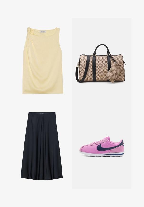 Uten ermer gul topp med en strukturert overflatestruktur og en samlet sidesøm. Myk stoff og en avslappet passform, med en rett kant.; Sort, knelangs skjørt laget av lett stoff med en flytende design. Har en jevn tekstur og subtile folder for ekstra detalj.; Rosa joggesko med overdel i semsket skinn og tekstil, marineblå logo, rund tå, flate lisser og hvit såle med godt grep. Klassisk retro design.; Duffelbag med et beige mønster på utsiden, svarte lærstropper, gullfargede detaljer, og en liten matchende lomme vedheng. Strukturelt design.; Gullfarget rektangulær klokke med hvit urskive, sølvfargede timeindikatorer og et slitesterkt metallarmbånd. Vanntett funksjon inkludert.