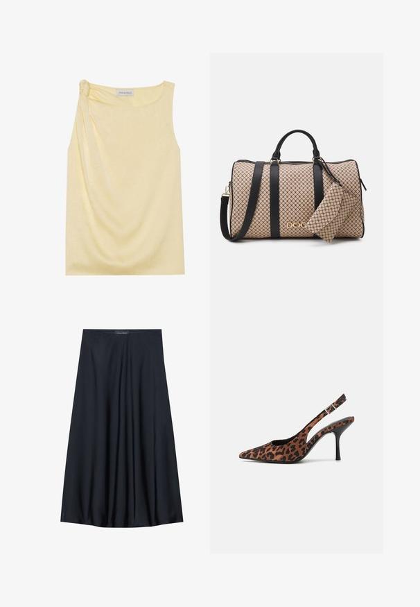 Žuta bezrukava majica s teksturiranim završetkom i skupljenim detaljem sa strane. Mekana tkanina i opušteni kroj, s ravnim rubom.; Crna suknja do koljena izrađena od lagane tkanine s lepršavim dizajnom. Ima glatku teksturu i suptilne plisirane detalje.; Slingback visoke potpetice s uzorkom leoparda, šiljatog vrha, crnim sjajnim potpeticom i podesivim remenom oko gležnja. Mekani materijal s teksturiranom završnom obradom.; Torba na duffle s bež uzorkom, crnim kožnim remenima, zlatnim priborom i malom odgovarajućom torbicom zakačenom na nju. Strukturalni dizajn.; Zlatni pravokutni ručni sat s bijelim brojčanikom, srebrnim oznakama sati i dugotrajnom metalnom narukvicom. Uključena značajka vodootpornosti.