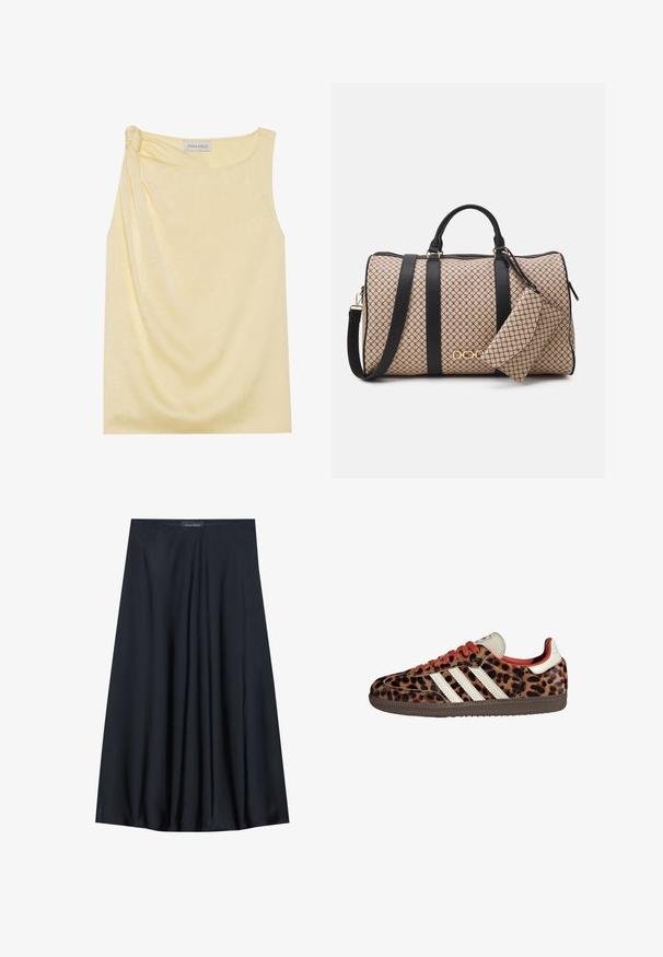 Mouwloze gele top met een gestructureerde afwerking en een geplooide zijdetail. Zachte stof en een ontspannen pasvorm, met een rechte zoom.; Zwarte, knielange rok van lichtgewicht stof met een vloeiende uitstraling. Kenmerkt zich door een gladde textuur en subtiele plooien voor extra detail.; Leopardprint sneakers van suède met rode veters en drie witte strepen aan de zijkant. Bevat een crèmekleurige tong en een bruine zool.; Dufflebag met een beige patroon aan de buitenkant, zwarte leren banden, gouden hardware en een kleine bijpassende pouch die eraan vastzit. Gestructureerd ontwerp.; Gouden rechthoekige polshorloge met een witte wijzerplaat, zilverkleurige uurmarkeringen en een duurzame metalen schakelarmband. Inclusief waterdichte functie.