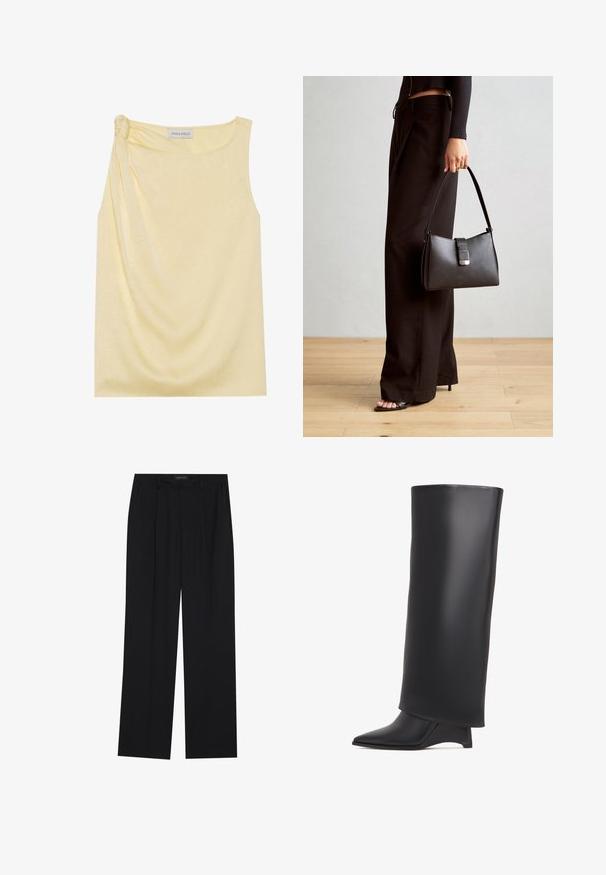 Ärmelloses, gelbes Oberteil mit strukturiertem Finish und gerafftem Seitendetail. Weicher Stoff und lockere Passform, mit geradem Saum.; Schwarze Hose mit geradem Bein, ausgestattet mit zwei frontalen Taschen und einem Taillenbund. Hergestellt aus einem glatten, leichten Stoff.; Schwarze kniehohe Stiefel aus glattem Leder, mit spitzem Schuhkopf und dreieckigem Absatz. Entworfen mit einem eleganten, glatten Obermaterial.; Schwarze Handtasche mit strukturierter Form, glatter Textur und einem metallischen Verschluss. Kombiniert mit weiten schwarzen Hosen und offenen Sandalen auf einem Holzboden.