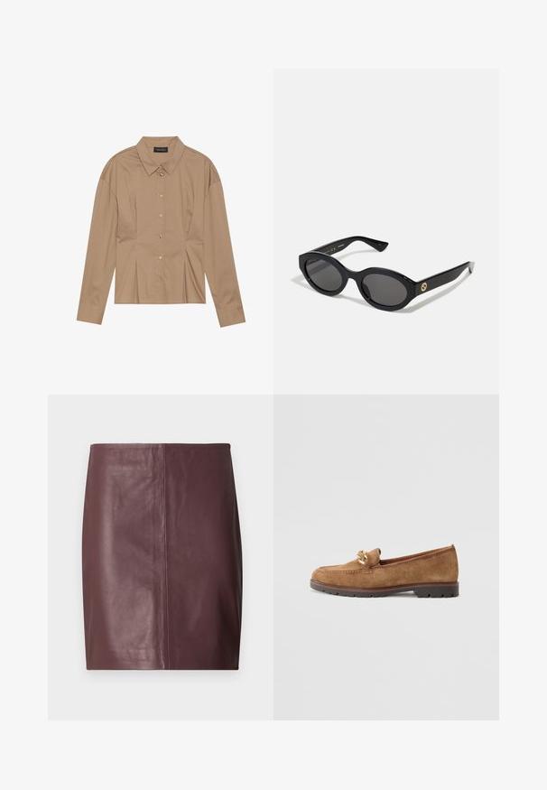 Rjava srajca z dolgimi rokavi in ovratnikom, z gumbi spredaj in s plastmi. Narejena iz gladkega materiala z oprijetim krojem.; Temno rjav usnjen svinčnik krilo z ravnim, gladkim sprednjim delom in subtilnimi navpičnimi šivi po sredini.; Tamaris Čevlji brez vezalk - camel; Črne ovalne sončna očala s temnimi lečami in sijočim plastičnim okvirjem. Imajo zlat logo na robu, kar ponuja eleganten in sodoben oblikovalski pristop.; Zlati okrogli uhani s poliranim zaključkom in majhnim držalom. Imajo gladko teksturo in odsevno površino.