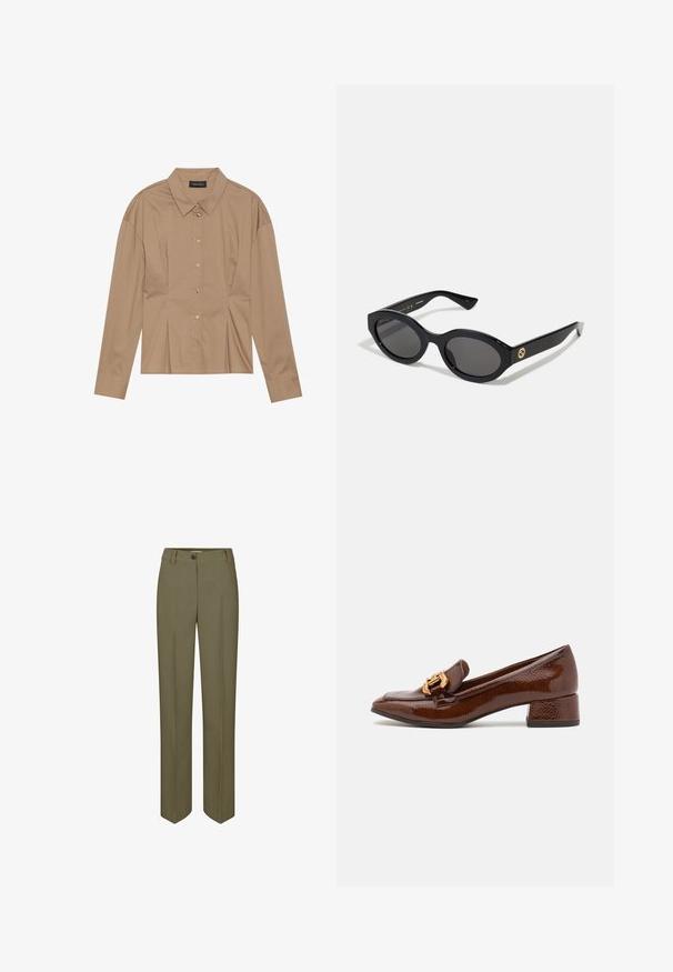 Pruun pikkade varrukatega särk, kaelusega, nööpidega esiosas ja koos voldikute detailidega. Valmistatud siledast kangast ja kitsamast disainist.; Oliivroheline istuv püksid sirge säärega, ühe nööbi kinnitusega ja kahe ees oleva voldiga, sujuva kudumise tekstuuriga.; Pruunid nahast loafersid läikiva viimistlusega, esiosal dekoratiivne kuldne pannal ja madal plokk konts. Klassikaline disain.; Mustad mustad prillid tumedate läätsedega ja läikiva plastraamiga. Omab kuldset logo põlveosal, pakkudes stiilset ja kaasaegset disaini.; Kuldne ümarate stud-kõrvarõngad, millel on poleeritud viimistlus ja väike post. Omavad siledat tekstuuri ja peegeldavat pinda.