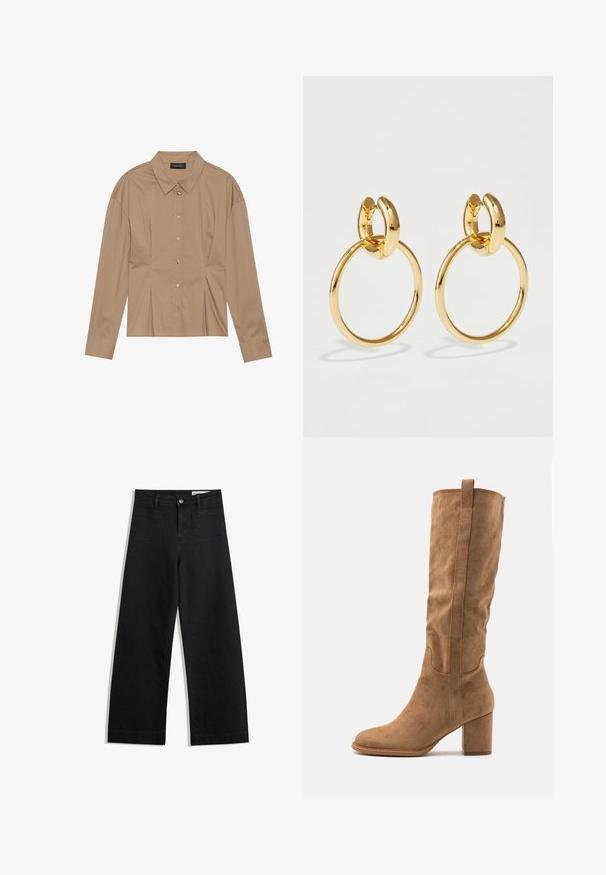 Hnědá dlouhá košile s límečkem, zapínáním na knoflíky vpředu a detaily v podobě záhybů. Vyrobeno z hladkého materiálu se přiléhavým střihem.; Černé denimové kalhoty s volným střihem a vysokým pasem, vybavené předními a zadními kapsami, prošívanými švy a knoflíkovým zapínáním. Hladká textura.; Knee-high tan semišová bota s blokovým podpatkem, zdobená prošíváním a štíhlým siluetem pro moderní vzhled.; Náušnice ve zlatém kovovém tónu s velkým kruhovým tvarem, hladkým a lesklým povrchem a oválným akcentem na vrchu.