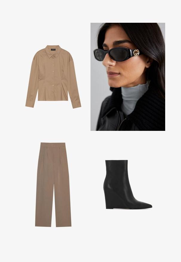 Camicia marrone a maniche lunghe con collo, chiusura frontale a bottoni e dettagli plissettati. Realizzata in un tessuto liscio con un design aderente.; Pantaloni marroni a pieghe con design a gamba larga, dotati di vita piatta e tasche laterali, realizzati in un tessuto leggero.; Stivale ankle a zeppa nera realizzato in pelle texturizzata; presenta una punta affusolata e un design liscio e sinuoso con una silhouette sagomata.; Occhiali da sole neri con una montatura rettangolare elegante e un accento del logo dorato sul lato. Le lenti scure e la finitura lucida sono evidenti.