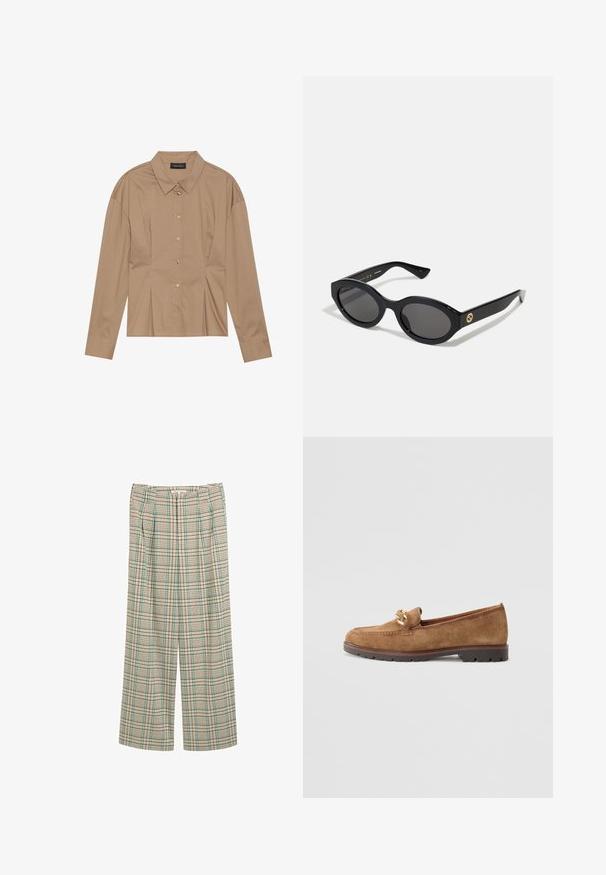 Camicia marrone a maniche lunghe con collo, chiusura frontale a bottoni e dettagli plissettati. Realizzata in un tessuto liscio con un design aderente.; Pantaloni a gamba larga in un motivo a quadri beige con dettagli verdi e blu marino, con pieghe frontali e una finitura testurizzata.; Tamaris Scarpe senza lacci - camel; Occhiali da sole neri a forma ovale con lenti scure e montatura in plastica lucida. Presentano un logo dorato sulla stanghetta, offrendo un design elegante e moderno.; Orecchini a perno sferici in oro con finitura lucida e piccolo perno. Presentano una superficie liscia e riflettente.