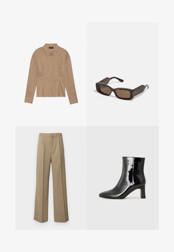 Brown long-sleeve shirt with a collared neck, button-down front, and pleat details. Made from a smooth fabric with a fitted design.; Beige wide-leg trousers made from a textured fabric. Features front pleats and a flat waistband. No visible fasteners or pockets.; Black patent leather ankle boot with a pointed toe and a mid-height block heel. Smooth texture and minimalist design.; Gucci sunglasses with rectangular brown lenses, tortoiseshell acetate frame, and gold logo detailing on the temples.
