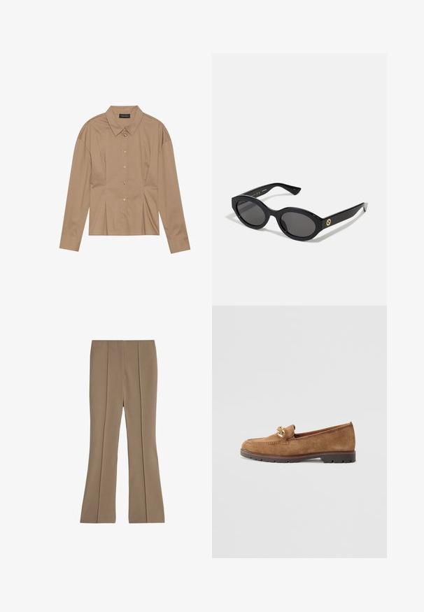 Chemise marron à manches longues avec un col rabattu, fermeture à boutons sur le devant et détails de plis. Fabriquée en un tissu lisse avec un design ajusté.; Pantalons évasés beiges en tissu extensible, présentant un devant plat avec des plis, une texture lisse et une taille mi-haute.; Tamaris Chaussons - camel; Lunettes de soleil ovales noires avec des verres sombres et une monture en plastique brillant. Présente un logo doré sur la branche, offrant un design épuré et moderne.; Boucles d'oreilles en or sphériques avec une finition polie et une petite tige. Elles présentent une texture lisse et une surface réfléchissante.