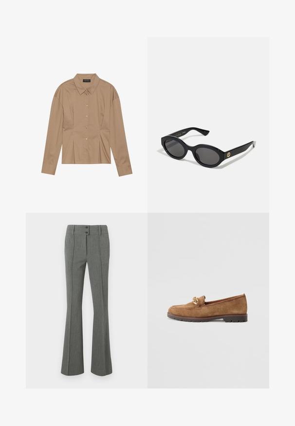 Chemise marron à manches longues avec un col rabattu, fermeture à boutons sur le devant et détails de plis. Fabriquée en un tissu lisse avec un design ajusté.; Pantalon gris évasé en tissu texturé. Comprend deux boutons à la taille et des coutures décoratives à l'avant.; Tamaris Chaussons - camel; Lunettes de soleil ovales noires avec des verres sombres et une monture en plastique brillant. Présente un logo doré sur la branche, offrant un design épuré et moderne.; Boucles d'oreilles en or sphériques avec une finition polie et une petite tige. Elles présentent une texture lisse et une surface réfléchissante.