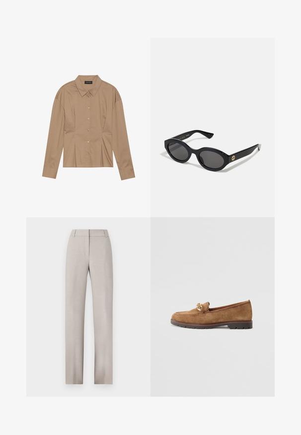 Bruine langemouwhemd met een kraag, knoopsluiting aan de voorkant en plooidetails. Gemaakt van een gladde stof met een getailleerd ontwerp.; Lichtbeige op maat gemaakte broek met een recht gesneden ontwerp. Gemaakt van textuurstof, met een vlakke voorkant en riemlussen.; Tamaris Instappers - camel; Zwarte ovale zonnebril met donkere glazen en een glanzend kunststof frame. Heeft een gouden logo op de poot, dat een strakke en moderne uitstraling biedt.; Gouden ronde stud oorbellen met een gepolijste afwerking en een kleine post. Ze hebben een gladde textuur en een reflecterend oppervlak.