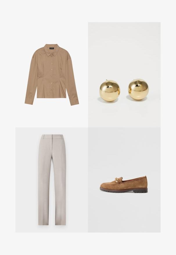 Brūna garām piedurknēm krekls ar apkakli, pogu slēgšanu un plisēšanas detaļām. Izgatavots no gludas auduma ar pieguļošu dizainu.; Gai bēšu pielāgoti bikses ar taisnu kāju dizainu. Izgatavotas no teksturēta auduma, ar plakanu priekšpusi un jostu cilpām.; Tamaris Čības - camel; Zelta sfēras formas auskari ar pulētu virsmu un mazu pamatni. Iezīmē gludu tekstūru un atstarojamu virsmu.