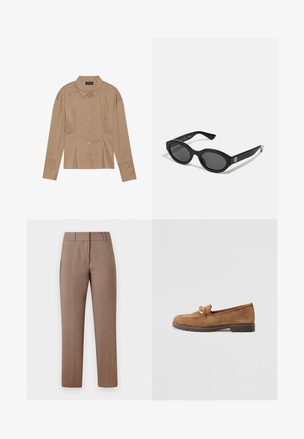 Brūna garām piedurknēm krekls ar apkakli, pogu slēgšanu un plisēšanas detaļām. Izgatavots no gludas auduma ar pieguļošu dizainu.; Gai brūni pielāgoti bikses ar gludu tekstūru, plakanu priekšpusi, sānu kabatām un taisnu kāju dizainu. Audumam ir smalka rakstu zīme.; Tamaris Čības - camel; Melnas ovālās saulesbrilles ar tumšiem stikliem un spīdīgu plastmasas rāmi. Iezīmētas ar zelta logo uz tempļa, nodrošinot elegantu un modernu dizainu.; Zelta sfēras formas auskari ar pulētu virsmu un mazu pamatni. Iezīmē gludu tekstūru un atstarojamu virsmu.