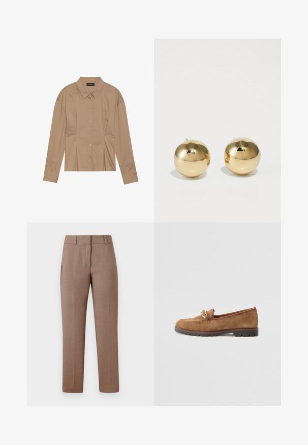 Smeđa dugorukava košulja s ovratnikom, prednjim kopčanjem na gumbe i detaljima nabora. Izrađena od glatkog materijala s uskim krojem.; Svijetlosmeđi krojeni hlače s glatkom teksturom, ravnim prednjim dijelom, bočnim džepovima i ravnim dizajnom. Tkanina ima suptilan uzorak.; Tamaris Obuća za navlačenje - camel; Zlatni okrugli stuđevi naušnice s poliranim završetkom i malim postom. Imaju glatku teksturu i reflektirajuću površinu.