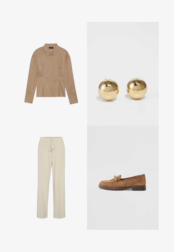 Cămașă lungă maro cu mâneci lungi, guler, și închidere cu nasturi. Realizată dintr-un material neted, cu un design ajustat.; Pantaloni din in bej cu talie elastică și șnur ajustabil, având un design cu picior drept și o textură subtilă.; Tamaris Pantofi slip-on - camel; Cercei sferici din aur cu un finisaj lustruit și un mic post. Prezintă o textură netedă și o suprafață reflectantă.
