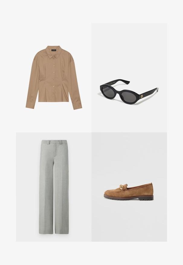 Rjava srajca z dolgimi rokavi in ovratnikom, z gumbi spredaj in s plastmi. Narejena iz gladkega materiala z oprijetim krojem.; Sive široke hlače iz lahkega materiala, z ravnim sprednjim delom, zankami za pas in čistimi, krojenimi linijami brez vidnih vzorcev.; Tamaris Čevlji brez vezalk - camel; Črne ovalne sončna očala s temnimi lečami in sijočim plastičnim okvirjem. Imajo zlat logo na robu, kar ponuja eleganten in sodoben oblikovalski pristop.