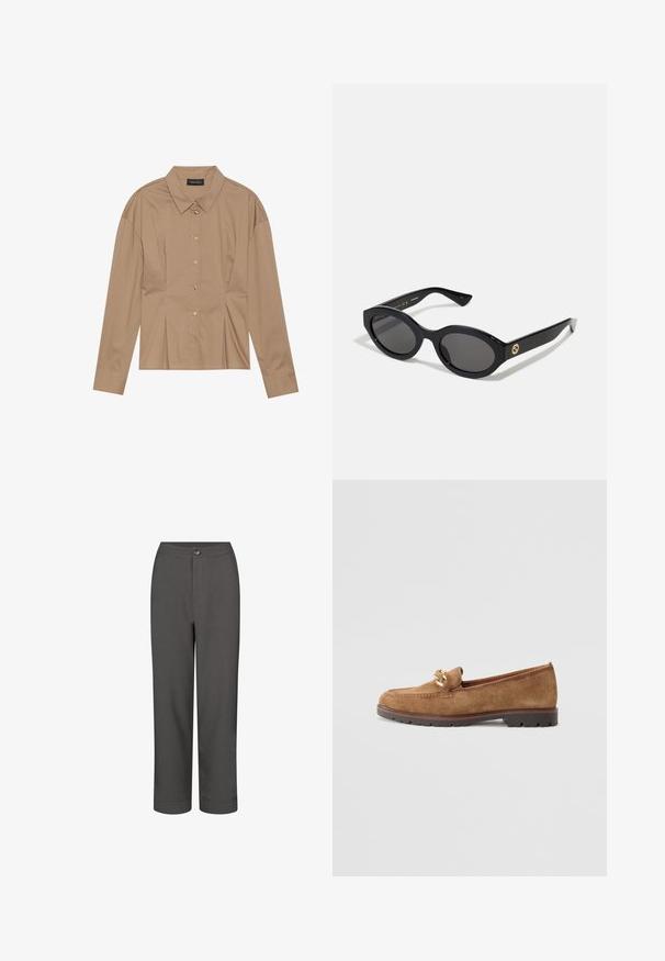 Hnedá košeľa s dlhými rukávmi, s golierom, zapínaním na gombíky a detailmi v prevedení s sklonom. Vyrobená z hladkej tkaniny s priliehavým strihom.; Šedé nohavice s priamejším strihom, hladkou textúrou, s predným zapínaním na gombík a s manžetami pre upravený vzhľad.; Tamaris Našuchovačky - camel; Čierne oválne slnečné okuliare s tmavými sklami a lesklým plastovým rámom. Obsahujú zlaté logo na stráne, čo im dáva elegantný a moderný dizajn.; Zlaté guľaté náušnice na puzetu s lesklým povrchom a malým postranným zapínaním. Majú hladkú textúru a reflexný povrch.