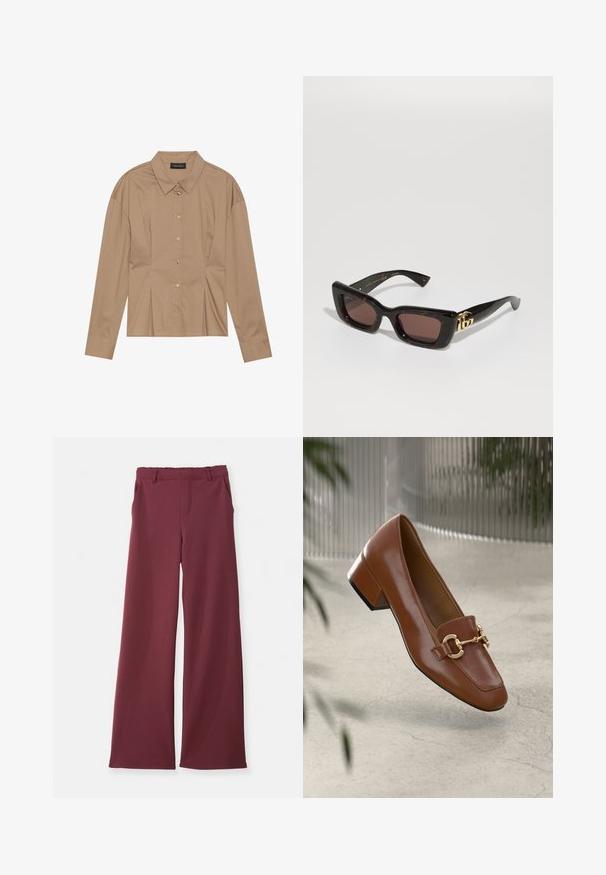 Hnědá dlouhá košile s límečkem, zapínáním na knoflíky vpředu a detaily v podobě záhybů. Vyrobeno z hladkého materiálu se přiléhavým střihem.; Kalhoty s širokými nohavicemi v tmavě burgundské barvě se postraními kapsami, poutky na pásek a detailním prošitím vpředu, ležící na bílé ploše.; Hnědé lakované kožené mokasíny se čtveratou špičkou, kovovým řetízkovým akcentem a nízkým blokovým podpatkem; hladká textura, minimalistický design.; Černé želvovinové sluneční brýle s obdélníkovými skly, hnědým tónem, silným rámem a zlatým detailem dvojitého G loga na spánku.; Náušnice ve zlatém tónu z kovu s elegantním zakřiveným designem. Vyznačují se jedinečným špičatým tvarem, lesklým povrchem a závěsem na kloub.
