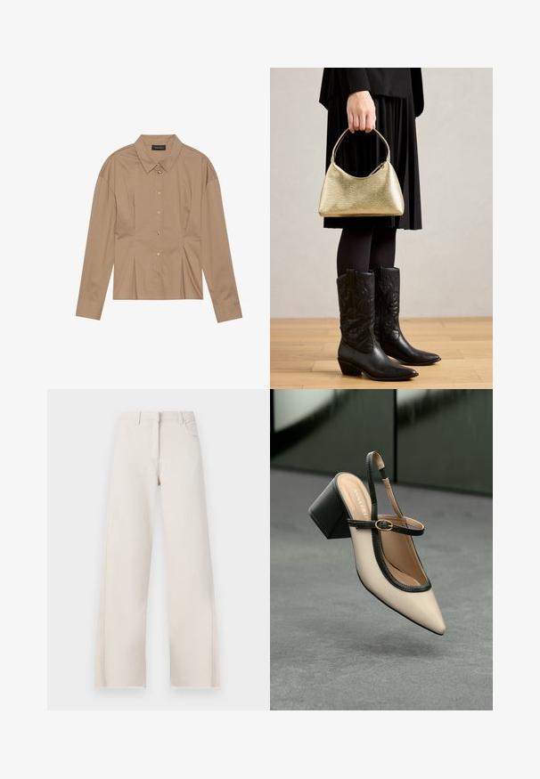 Camicia marrone a maniche lunghe con collo, chiusura frontale a bottoni e dettagli plissettati. Realizzata in un tessuto liscio con un design aderente.; Jeans larghi color crema in tessuto di cotone con vita alta, cinque tasche e dettagli con orlo sfilacciato. Tessuto morbido e colore neutro.; Scarpa beige con punta a stivale, con rifiniture nere, fibbia dorata e tacco a blocco spesso su un pavimento grigio con sfondo verde scuro.; Borsa a tracolla dorata con una forma curva e manico corto, tenuta da una persona che indossa una gonna plissettata nera e stivali da cowboy in pelle nera.