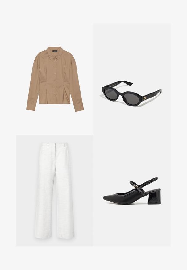 Brown long-sleeve shirt with a collared neck, button-down front, and pleat details. Made from a smooth fabric with a fitted design.; Wide-leg trousers in lightweight white linen with a subtle textured finish, featuring a front crease and standard waistband.; Black patent leather slingback heels with a pointed toe, a rounded cutout design, and a block heel. Features a gold-tone buckle accent.; Black oval sunglasses with dark lenses and glossy plastic frame. Features gold logo on the temple, offering a sleek and modern design.; Black leather handbag with structured design, smooth texture, and two top handles. Features gold accents and a logo at the bottom.