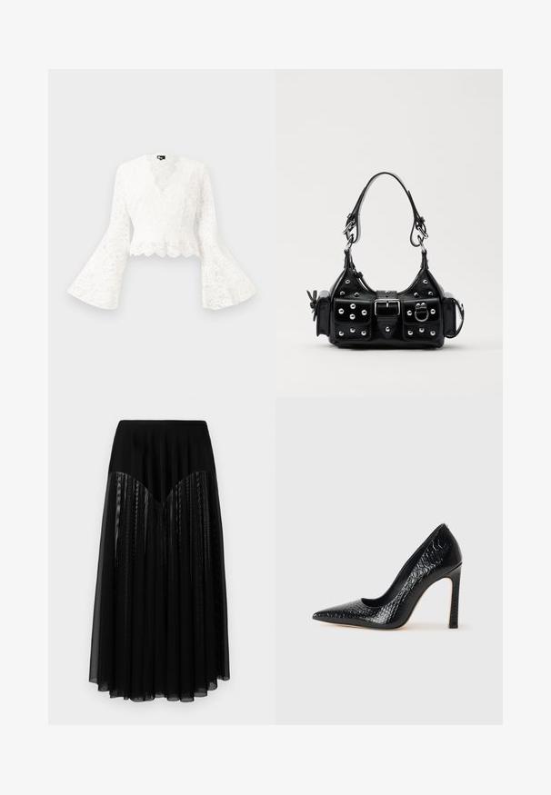 Bela čipkasta kratka jakna z zvončastimi rokavi, ki se ponaša z valovitim robom in globokim V-izrezom. Mehka tekstura z zapletenimi cvetličnimi vzorci.; Črna krila z oprijetim pasom, ki vsebuje večplastno nabrano prozorno tkanino in teksturiran dizajn. Dolžina doseže sredino meč, s gladkim zaključkom.; Črne čevlje z visoko peto in konico v obliki puščice, z teksturo krokodilje kože, ki se ponašajo s sleek oblikovanjem, visokim stiletto peto in gladkim črnim notranjostjo.; Črna usnjena torbica s ukrivljenim dizajnom, ki vsebuje srebrne žebljičke, zaponko in dve stranski žepki. Nastavljiv trak za različne možnosti nošenja.