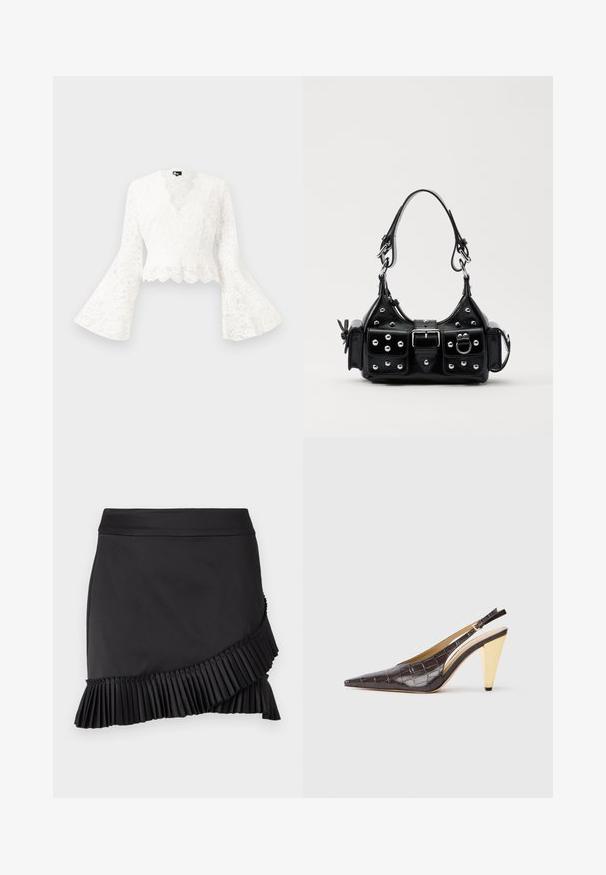 Valge pitsist lühike jakk kellukese varrukatega, lainelise hemiga ja sügava V-kaelusega kujundusega. Pehme tekstuur koos keerukate lillemotiividega.; Musternistu must kleit, millel on volditud äär, silmapaistev disain, sile tekstuur ja asümmeetriline lõikejoon alumisel serval.; Kitsas varbaga slingback konts tumepruunis läikivas kunstkrokodillinahast. Omab kuldse tooni geomeetrilist kontsa ja reguleeritavat pahkluu rihma.; Must värvi nahast käekott, millel on kaarjas disain, hõbedased nupukesed, kinnitusahe ja kaks külgtaskut. Reguleeritav rihm erinevate kandmisvõimaluste jaoks.