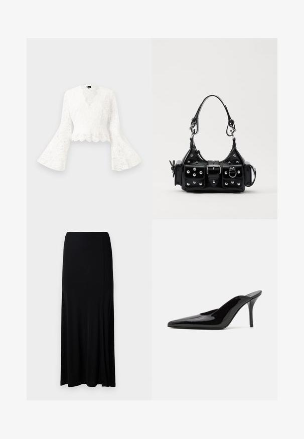 White lace cropped jacket with bell sleeves, featuring a scalloped hem and a deep V-neck design. Soft texture with intricate floral patterns.; Black maxi skirt made from a smooth fabric, featuring a side slit, elastic waistband, and a straight cut for a minimalist design.; Black patent leather high-heeled mule with a pointed toe and a sleek silhouette, featuring an open back and a slender stiletto heel.; Black leather handbag with a curved design, featuring silver studs, a buckle, and two side pockets. Adjustable strap for carrying options.
