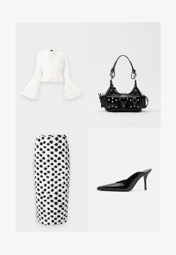 Bílá krajková zkrácená bunda s volnými rukávy, se zdobeným lemem a hlubokým výstřihem do V. Měkká textura s propracovanými květinovými vzory.; Bílá sukně na tužku s potiskem puntíků v černé barvě a odstínech modré. Hladká textura a přiléhavý střih.; Černé lakované kožené muly na vysokém podpatku s špičatou špičkou a elegantním siluetou, s otevřenou zadní částí a štíhlým stiletto podpatkem.; Černá kožená kabelka s křivkovým designem, zdobená stříbrnými hřebíky, s přezkou a dvěma bočními kapsami. Nastavitelný popruh pro různé možnosti nošení.