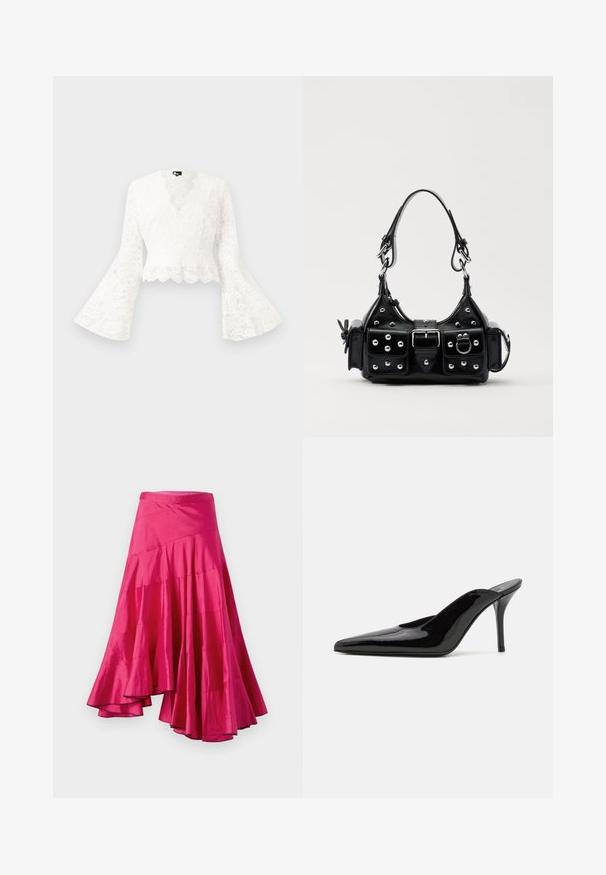 Giacca corta in pizzo bianco con maniche a campana, caratterizzata da un orlo scallop e un profondo design a V. Texture morbida con intricati motivi floreali.; Gonna in satin magenta con orlo svasato, caratterizzata da pannelli sovrapposti e design asimmetrico. Tessuto liscio e lunghezza media.; Mule in pelle patinata nera con tacco alto, punta affilata e silhouette elegante, dotato di apertura sul dietro e tacco a stiletto sottile.; Borsa a mano in pelle nera con design curvo, caratterizzata da borchie argentate, una fibbia e due tasche laterali. Tracolla regolabile per diverse opzioni di trasporto.