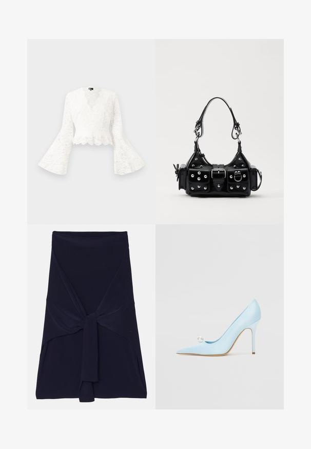 Bílá krajková zkrácená bunda s volnými rukávy, se zdobeným lemem a hlubokým výstřihem do V. Měkká textura s propracovanými květinovými vzory.; Námořnická modrá sukni s překládaným designem vyrobená z měkké a elastické látky, s uzlovým provedením vpředu, které má hladkou strukturu a upravené okraje.; GIABORGHINI Lodičky na vysokém podpatku - blue; Černá kožená kabelka s křivkovým designem, zdobená stříbrnými hřebíky, s přezkou a dvěma bočními kapsami. Nastavitelný popruh pro různé možnosti nošení.
