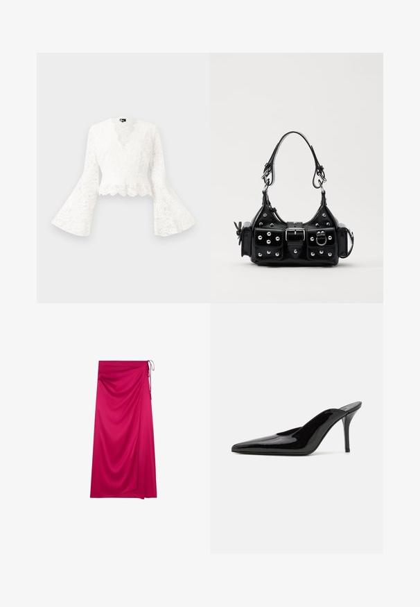 Weiße Spitzenjacke mit kurzen Ärmeln, die über weit ausgestellte Ärmel verfügt, mit einem gewellten Saum und einem tiefen V-Ausschnitt-Design. Weicher Stoff mit filigranen floralen Mustern.; Fuchsia Wickelrock aus glattem Stoff, mit asymmetrischem Design, Drapierungen und einer Bindeschließe auf der linken Seite.; Schwarze Lackleder-Pumps mit hohen Absätzen, spitzer Zehenform und schlanker Silhouette, mit offenem Rücken und schlankem Stiletto-Absatz.; Schwarze Lederhandtasche mit einem geschwungenen Design, verziert mit silbernen Nieten, einer Schnalle und zwei seitlichen Taschen. Verstellbarer Träger für verschiedene Tragemöglichkeiten.