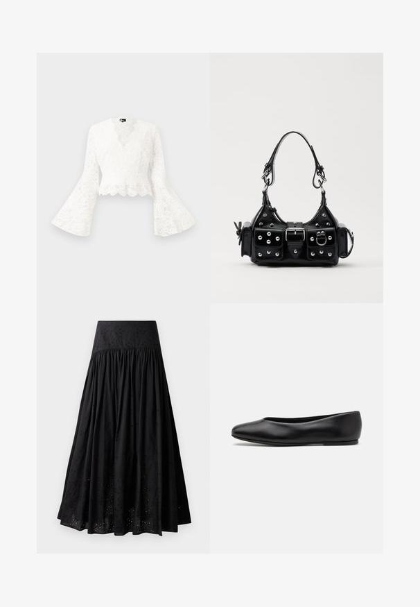 Weiße Spitzenjacke mit kurzen Ärmeln, die über weit ausgestellte Ärmel verfügt, mit einem gewellten Saum und einem tiefen V-Ausschnitt-Design. Weicher Stoff mit filigranen floralen Mustern.; Schwarzer Maxirock aus Baumwolle mit besticktem Taillenbund. Mit gerafftem Stoff und durchbrochener Detailgestaltung am Saum.; Paul Smith TOPANGA - Klassischer Ballerina - black; Schwarze Lederhandtasche mit einem geschwungenen Design, verziert mit silbernen Nieten, einer Schnalle und zwei seitlichen Taschen. Verstellbarer Träger für verschiedene Tragemöglichkeiten.