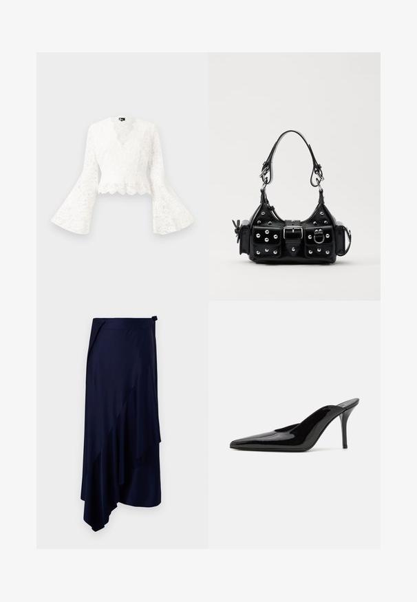 Bijela čipkasta kratka jakna s zvonastim rukavima, koja ima valoviti rub i duboki V-izrez. Mekana tekstura s složenim cvjetnim uzorcima.; Rabanne Uska suknja - deep navy; Crne lakirane kožne visoke potpetice mule s šiljastim prstom i elegantnom siluetom, s otvorenom poleđinom i vitkom stiletto potpeticom.; Crna kožna torba s zakrivljenim dizajnom, koja sadrži srebrne zakovice, kopču i dva bočna džepa. Podesiva traka za različite opcije nošenja.