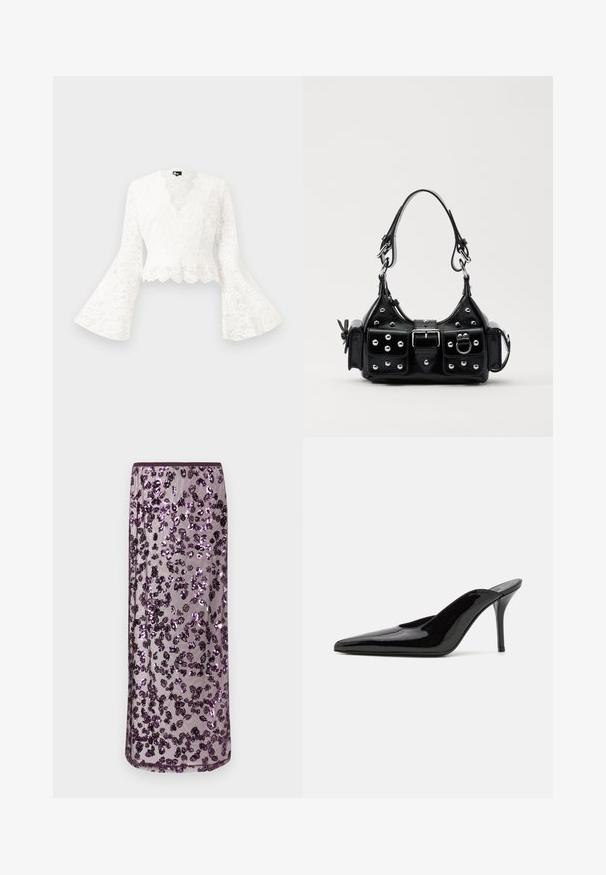 Chaleco corto blanco de encaje con mangas acampanadas, que presenta un dobladillo con forma de ondas y un diseño de escote en V profundo. Textura suave con intrincados patrones florales.; Falda larga transparente con lentejuelas florales en tonos púrpura y negro sobre una tela de malla lavanda clara.; Mule de charol negro con tacón alto, punta afilada y una silueta elegante, con un escote abierto en la parte posterior y un tacón de aguja delgado.; Bolso de mano de cuero negro con un diseño curvado, que cuenta con tachuelas plateadas, una hebilla y dos bolsillos laterales. Correa ajustable para opciones de transporte.