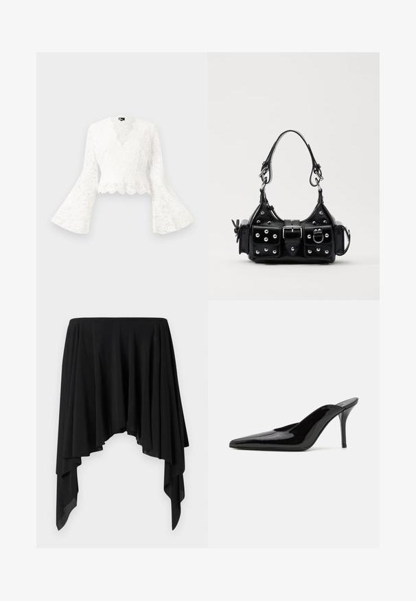 Bijela čipkasta kratka jakna s zvonastim rukavima, koja ima valoviti rub i duboki V-izrez. Mekana tekstura s složenim cvjetnim uzorcima.; Crna asimetrična suknja od mekog materijala, s drapiranim slojevima i širokim pojasom, koji stvara lepršavu siluetu.; Crne lakirane kožne visoke potpetice mule s šiljastim prstom i elegantnom siluetom, s otvorenom poleđinom i vitkom stiletto potpeticom.; Crna kožna torba s zakrivljenim dizajnom, koja sadrži srebrne zakovice, kopču i dva bočna džepa. Podesiva traka za različite opcije nošenja.