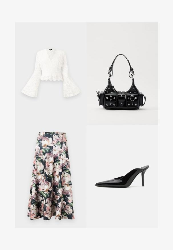 Bela čipkasta kratka jakna z zvončastimi rokavi, ki se ponaša z valovitim robom in globokim V-izrezom. Mehka tekstura z zapletenimi cvetličnimi vzorci.; Rožnata midi krila z črnim ozadjem in velikimi, pisanimi potoničnimi motivi. Plišast dizajn in roba s gladko teksturo.; Črne patentirane čevlje s peto, z usko silhueto in koničastim nosom, z odprtim hrbtom in vitko stiletto peto.; Črna usnjena torbica s ukrivljenim dizajnom, ki vsebuje srebrne žebljičke, zaponko in dve stranski žepki. Nastavljiv trak za različne možnosti nošenja.