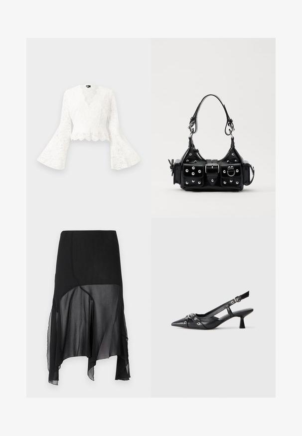 Weiße Spitzenjacke mit kurzen Ärmeln, die über weit ausgestellte Ärmel verfügt, mit einem gewellten Saum und einem tiefen V-Ausschnitt-Design. Weicher Stoff mit filigranen floralen Mustern.; AVAVAV DRAPED SKIRT - A-Linien-Rock - black; Schwarzer Leder-Slingback-Schuh mit spitz zulaufender Zehenpartie, dekorativen Riemen mit METALLÖSEN und niedrigem Blockabsatz. Strukturelle Oberfläche.; Schwarze Lederhandtasche mit einem geschwungenen Design, verziert mit silbernen Nieten, einer Schnalle und zwei seitlichen Taschen. Verstellbarer Träger für verschiedene Tragemöglichkeiten.