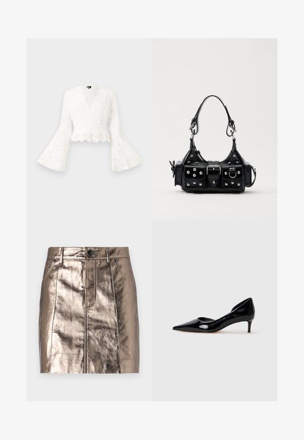 Bela čipkasta kratka jakna z zvončastimi rokavi, ki se ponaša z valovitim robom in globokim V-izrezom. Mehka tekstura z zapletenimi cvetličnimi vzorci.; Metalna bronasta denim mini krila, ki ima ravno kroj, sprednje žepke in pas z gumbom za zapiranje. Gladka in sijoča tekstura.; Črne lakirane ženske čevlje s koničastim nosom in nizko peto, prikazane v profilu na enostavni svetlo sivi ozadju.; Črna usnjena torbica s ukrivljenim dizajnom, ki vsebuje srebrne žebljičke, zaponko in dve stranski žepki. Nastavljiv trak za različne možnosti nošenja.