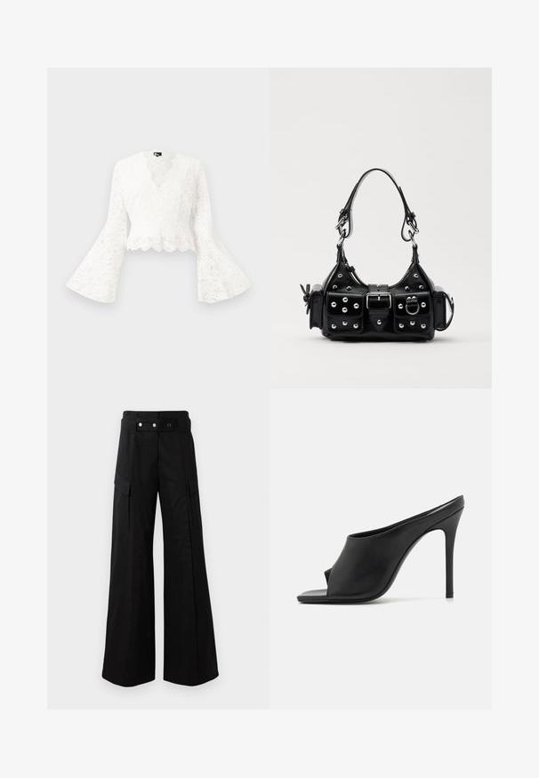 Balta mežģīņu cropped jakas ar zvana piedurknēm, ar viļņotu hemline un dziļu V-veida kakla izgriezumu. Mīksta tekstūra ar sarežģītiem ziedu rakstiem.; Melni plats kāju bikses ar augstu jostasvietu, kas aprīkotas ar lielām sānu kabatām, divām priekšējām pogām un cilpas detaļu. Izgatavotas no izturīga auduma.; GIABORGHINI KEIRA - T veida siksniņu sandales - black; Melnas ādas rokturmais ar izliekumu, ar sudraba iedurtiem, sprādzi un divām sānu kabatām. Regulējams siksniņas garums dažādām nēsāšanas iespējām.
