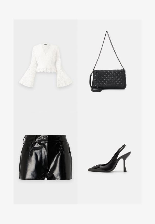 Balta, nėrinių, trumpa striukė su varpo formos rankovėmis, pasižyminti banguotu apvadu ir giliu V formos iškirpimu. Minkšta tekstūra su sudėtingais gėlių raštais.; Juodos, blizgios šortai, pagaminti iš sintetinės medžiagos. Turi prigludusią liemenį, diržo kilpas ir priekines kišenes su ryškiomis siuvimo detalėmis.; Juoda odinė slingback tipo avalynė su smailiu pirštu, siauru aukštu kulnu ir dekoratyvine kaspino akcentu. Lygi tekstūra ir elegantiškas dizainas.; Juodas apklijuotas odinis krepšys su grandinės dirželiu, papuoštas kaukolės akcentais ir užtrauktuku. Strukturizuotas paviršius su blizgiu apdailu.