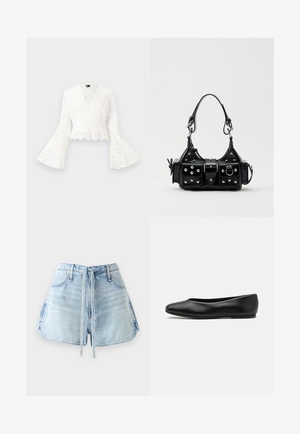 White lace cropped jacket with bell sleeves, featuring a scalloped hem and a deep V-neck design. Soft texture with intricate floral patterns.; Light blue denim shorts with a drawstring waist, five pockets, and raw hem edges. The fabric has a distressed texture.; Paul Smith TOPANGA - Ballet pumps - black; Black leather handbag with a curved design, featuring silver studs, a buckle, and two side pockets. Adjustable strap for carrying options.