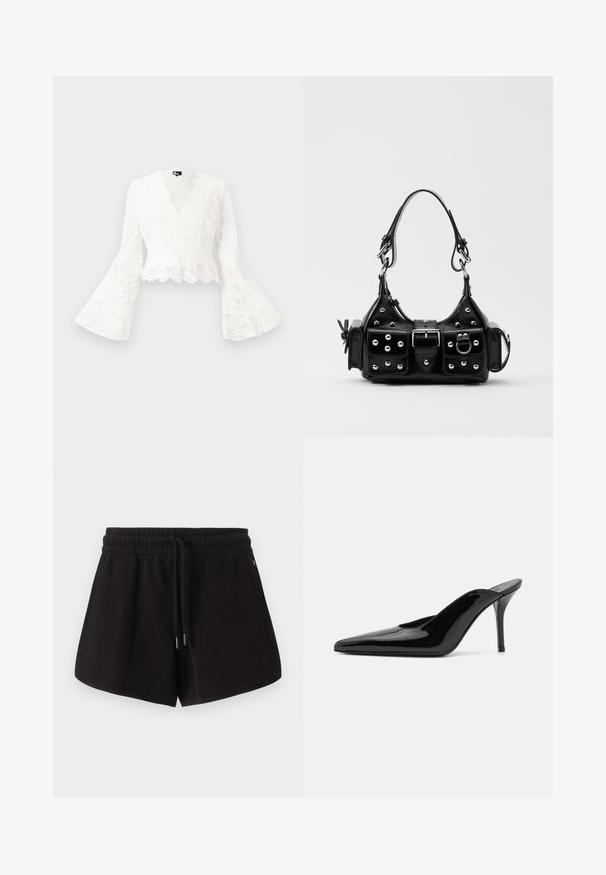 Hvid blonde cropped jakke med klokkeærmer, der har en scalloperet kant og en dyb V-hals. Blødt materiale med indviklede blomster mønstre.; Sorte sportshorts lavet af blødt stof. Har en elastisk talje med snor, sidelommer og en afslappet pasform.; Sorte lakerede højhælede mulesko med spids tå og en slank silhuet, der har åben hæl og en slank stilettohæl.; Sort læderhåndtaske med et buet design, prydet med sølvfarvede nitter, en spænde og to sidelommer. Justerbar rem til forskellige bære muligheder.