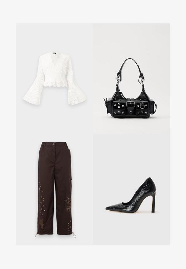 White lace cropped jacket with bell sleeves, featuring a scalloped hem and a deep V-neck design. Soft texture with intricate floral patterns.; Brown wide-leg pants with embroidered star and fish designs. Features an elastic waistband, two side pockets, and adjustable ankle ties.; Black pointed-toe high heel shoe with a crocodile-skin texture, featuring a sleek design, high stiletto heel, and smooth black interior.; Black leather handbag with a curved design, featuring silver studs, a buckle, and two side pockets. Adjustable strap for carrying options.
