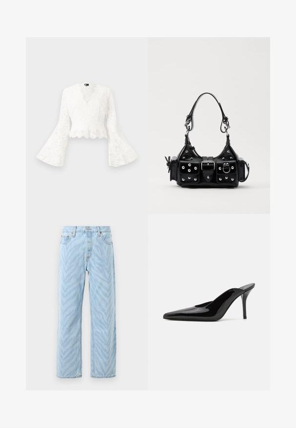 White lace cropped jacket with bell sleeves, featuring a scalloped hem and a deep V-neck design. Soft texture with intricate floral patterns.; Light blue straight-leg jeans with subtle zebra stripe pattern, button and zip closure, and five-pocket design.; Black patent leather high-heeled mule with a pointed toe and a sleek silhouette, featuring an open back and a slender stiletto heel.; Black leather handbag with a curved design, featuring silver studs, a buckle, and two side pockets. Adjustable strap for carrying options.