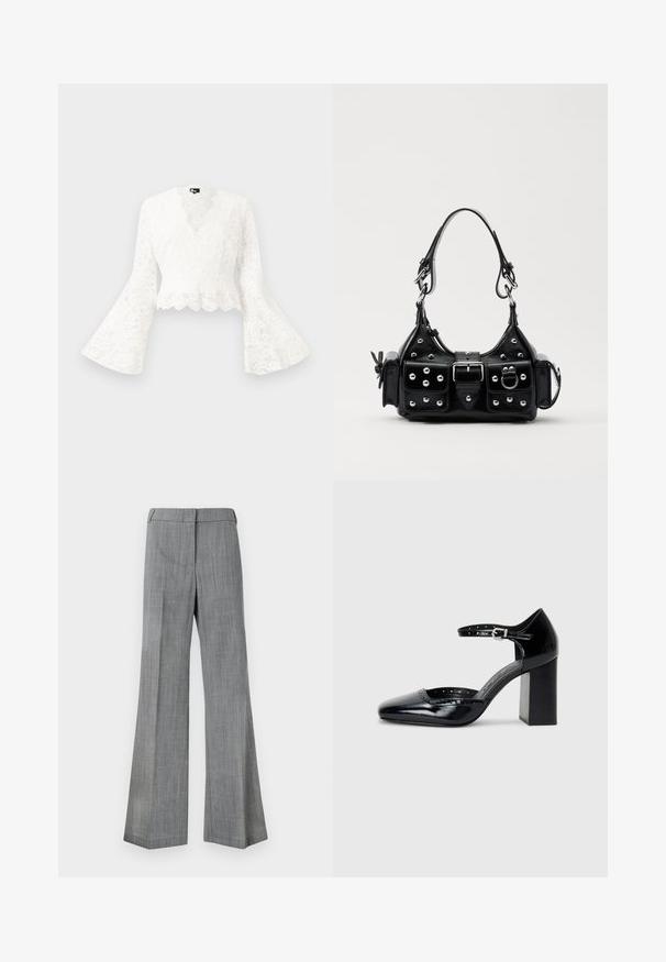 Balta mežģīņu cropped jakas ar zvana piedurknēm, ar viļņotu hemline un dziļu V-veida kakla izgriezumu. Mīksta tekstūra ar sarežģītiem ziedu rakstiem.; Pelēkas, plašas bikses, kas izgatavotas no strukturēta auduma, ar gludu jostasvietu un smalku svītru rakstu.; Melna lakota ādas augstpapēžu kurpes ar kvadrātu purngalu, potītes siksniņu un masīlu papēdi. Iekļauj perforētu apdari gar malu.; Melnas ādas rokturmais ar izliekumu, ar sudraba iedurtiem, sprādzi un divām sānu kabatām. Regulējams siksniņas garums dažādām nēsāšanas iespējām.