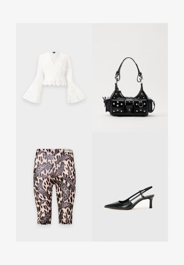 White lace cropped jacket with bell sleeves, featuring a scalloped hem and a deep V-neck design. Soft texture with intricate floral patterns.; Black and beige leggings featuring a leopard print design with curved patterns. Made of elastic material, designed for comfort and fit.; Black patent slingback heel with a pointed toe, featuring textured snake print, adjustable strap, and a short, textured block heel.; Black leather handbag with a curved design, featuring silver studs, a buckle, and two side pockets. Adjustable strap for carrying options.