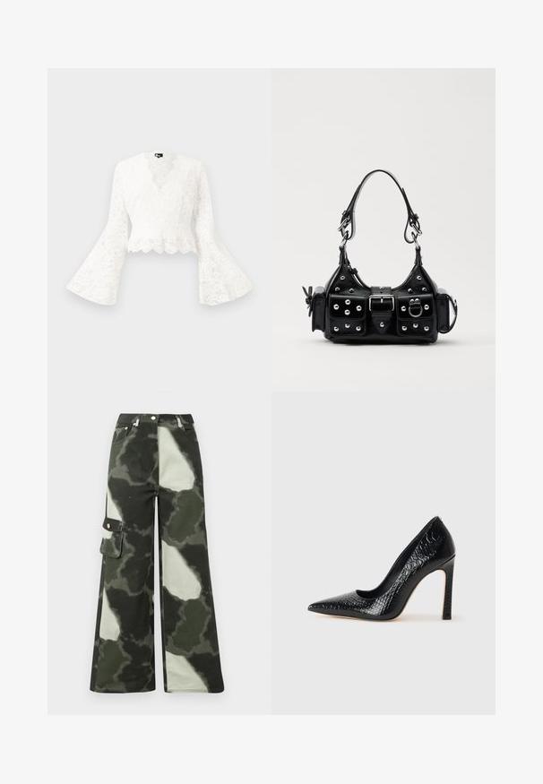 Balta, nėrinių, trumpa striukė su varpo formos rankovėmis, pasižyminti banguotu apvadu ir giliu V formos iškirpimu. Minkšta tekstūra su sudėtingais gėlių raštais.; Plačios kojų krovinio kelnės tamsiai žaliai ir šviesiai pilkos kamufliažo raštu. Yra šoninis kišenė ir metalinė mygtukas, pagamintos iš tvirto medvilnės medžiagos.; Juoda smailiakulnė aukšto kulno bateliai su krokodilo odos tekstūra, pasižymintys elegantišku dizainu, aukštu stiletu kulnu ir lygia juoda vidine dalimi.; Juodas odinis rankinukas su kreiviu dizainu, su sidabro spalvos knopkėmis, užsegimu ir dviem šoninėmis kišenėmis. Reguliuojama dirželis nešimui.