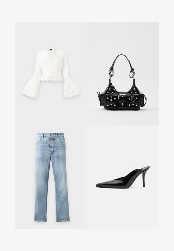 Bílá krajková zkrácená bunda s volnými rukávy, se zdobeným lemem a hlubokým výstřihem do V. Měkká textura s propracovanými květinovými vzory.; Světle modré džíny z denimu se rovnými nohavicemi, designem pěti kapsiček a viditelným šitím. Mají zapínání na knoflík v pase.; Černé lakované kožené muly na vysokém podpatku s špičatou špičkou a elegantním siluetou, s otevřenou zadní částí a štíhlým stiletto podpatkem.; Černá kožená kabelka s křivkovým designem, zdobená stříbrnými hřebíky, s přezkou a dvěma bočními kapsami. Nastavitelný popruh pro různé možnosti nošení.