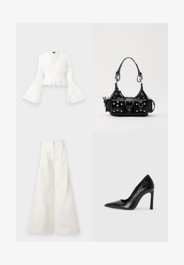 Veste cropped en dentelle blanche avec des manches évasées, présentant un ourlet festonné et un décolleté en V profond. Texture douce avec des motifs floraux délicats.; Pantalons blancs à jambes larges en coton, dotés d'une taille haute, de plis à l'avant et d'un design épuré sans poches.; Escarpin noir à bout pointu avec texture en cuir de crocodile, présentant un design élégant, un haut talon aiguille et un intérieur noir lisse.; Sac à main en cuir noir au design courbé, avec des clous en argent, une boucle et deux poches latérales. Bandoulière réglable pour différentes options de transport.