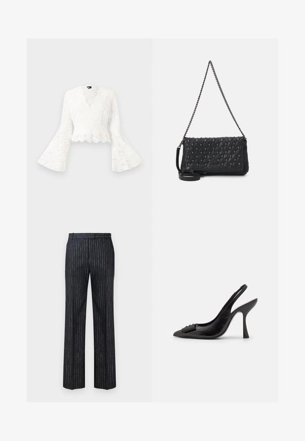 Vit spetskort jacka med utsvängda ärmar, som har en vågig nederkant och en djup V-halsdesign. Mjuk textur med intrikata blommönster.; Mörkrandiga byxor med vida ben, tillverkade av texturerat tyg med vertikala silverränder. Rakt fram och med bälteshällor.; Svart lädersandal med spetsig tå, smal hög klack och en dekorativ rosettdetalj. Slät yta och elegant design.; Svart kviltad läderväska med kedjerem, med dödskalleaccent och dragkedjestängning. Texturerad yta med en glänsande finish.